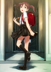 Rule 34 | 1girl, :o, backpack, bag, black socks, blush, brown hair, commentary request, crime prevention buzzer, female focus, full body, kneehighs, leg up, loafers, looking at viewer, looking back, open mouth, original, purple eyes, randoseru, school uniform, shoes, short twintails, skirt, socks, sody, solo, standing, standing on one leg, twintails