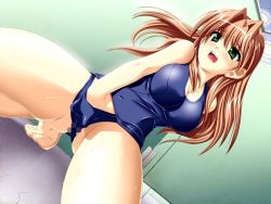 Rule 34 | 1girl, barefoot, breasts, brown hair, censored, dutch angle, feet, female focus, female masturbation, fingering, game cg, green eyes, hand in panties, hand under clothes, hand under swimsuit, long hair, masturbation, mosaic censoring, one-piece swimsuit, open mouth, panties, presence, sasakawa ai, school swimsuit, school swimsuit flap, solo, sweat, swimsuit, takapiko, toes, underwear