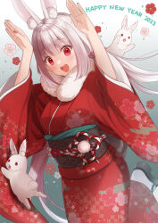 Rule 34 | 1girl, 2023, :d, animal, animal ear fluff, animal ears, arms up, black footwear, blush, breasts, chinese zodiac, commentary request, floral print, flower, fur collar, gradient background, green background, grey hair, hair between eyes, happy new year, highres, japanese clothes, kimono, koto (colorcube), long hair, long sleeves, looking at viewer, nengajou, new year, obi, open mouth, original, pink flower, print kimono, rabbit, rabbit ears, rabbit pose, red eyes, red flower, red kimono, sandals, sash, small breasts, smile, socks, solo, very long hair, white background, white socks, wide sleeves, year of the rabbit, zouri