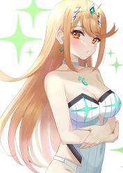 Rule 34 | blonde hair, breasts, chest jewel, gem, headpiece, highres, kyaro (wanu 14), large breasts, long hair, mythra (radiant beach) (xenoblade), mythra (xenoblade), one-piece swimsuit, ribbed swimsuit, strapless, strapless one-piece swimsuit, striped clothes, striped one-piece swimsuit, swept bangs, swimsuit, tiara, two-tone swimsuit, vertical-striped clothes, vertical-striped one-piece swimsuit, very long hair, white one-piece swimsuit, xenoblade chronicles (series), xenoblade chronicles 2, yellow eyes