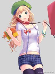 Rule 34 | 1girl, :d, beret, black thighhighs, blonde hair, blue eyes, book, casual, hat, holding, iino alice, ilog, long hair, occhan (11715), official art, open mouth, phone, phone booth, shirt, shorts, smile, suspenders, t-shirt, thighhighs, zettai ryouiki