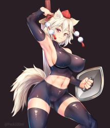 Rule 34 | 1girl, abs, animal ear fluff, animal ears, arm up, black background, black bodysuit, black thighhighs, bodysuit, breasts, cameltoe, closed mouth, covered erect nipples, detached sleeves, hat, highres, holding, holding shield, holding sword, holding weapon, inubashiri momiji, large breasts, long sleeves, looking at viewer, muscular, muscular female, navel, pom pom (clothes), puck100ml, red eyes, ribbon-trimmed sleeves, ribbon trim, shield, short hair, sideboob, simple background, skin tight, solo, sword, tail, thighhighs, thighs, tokin hat, toned, touhou, weapon, white hair, wolf ears, wolf tail