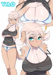Rule 34 | !, 1girl, animal ears, aqua eyes, bikini, bikini bottom only, bikini top only, blonde hair, blue bikini, breasts, camisole, chestnut mouth, cleavage, clothes lift, coffeechicken, collarbone, commentary, crossed arms, dog ears, dog girl, dog tail, fang, front-tie top, furry, furry female, groin, hair between eyes, highres, large breasts, looking at viewer, multiple views, no pants, open mouth, original, parted lips, shirt, shirt lift, standing, strap slip, striped clothes, striped shirt, swimsuit, tail, vao (coffeechicken), white background