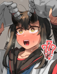 Rule 34 | 1boy, 1girl, ?, ??, admiral (kancolle), arms up, black horns, black sailor collar, black shirt, blue neckerchief, blush, bra strap, bright pupils, brown hair, collarbone, commentary request, ergot, fubuki (kancolle), fubuki kai ni (kancolle), full-face blush, green eyes, green nails, grey background, horn grab, horns, kantai collection, looking at another, low ponytail, medium hair, multicolored horns, nail polish, neckerchief, open mouth, out of frame, red horns, sailor collar, saliva, school uniform, serafuku, shirt, sidelocks, simple background, sleeves past wrists, solo focus, sweatdrop, teeth, upper body, white pupils, white shirt