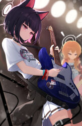 Rule 34 | 2girls, absurdres, animal ears, belt, black belt, black choker, black hair, black jacket, black mask, blonde hair, blue archive, blush, brown eyes, cat ears, choker, closed mouth, clothes around waist, colored inner hair, electric guitar, extra ears, guitar, halo, highres, instrument, jacket, jacket around waist, kazusa (band) (blue archive), kazusa (blue archive), long hair, low twintails, mask, mask pull, mouth mask, multicolored hair, multiple girls, official alternate costume, opm7760, pink hair, pink halo, pleated skirt, red eyes, red ribbon, ribbon, shirt, short hair, short sleeves, skirt, thigh belt, thigh strap, twintails, white shirt, white skirt, yoshimi (band) (blue archive), yoshimi (blue archive)