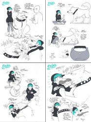 Rule 34 | 1boy, 1girl, absurdres, beanie, bestiality, black hoodie, blue hair, bong, collar, dog, english text, fangdangler (artist), glasses, growling, hat, highres, hood, hoodie, hug, interspecies, licking, licking another&#039;s face, pants, size difference, sniffing ass, spiked collar, spikes, surprised, sweat, tail, tail wagging, talking to another, tongue, tongue insertion, tongue out