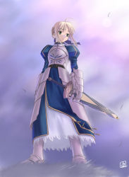 Rule 34 | 00s, 1girl, armor, artoria pendragon (fate), blonde hair, cloud, fate/stay night, fate (series), female focus, green eyes, outdoors, plant, saber (fate), sky, solo, standing, sword, tsuina, weapon
