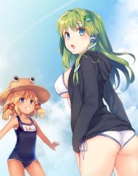 Rule 34 | 2girls, :d, adapted costume, akayan, alternate costume, ass, bad id, bad nicoseiga id, bikini, blonde hair, blue eyes, blush, cloud, cloudy sky, commentary request, covered navel, cowboy shot, day, flat ass, frog hair ornament, from below, green eyes, hair ornament, hair ribbon, hair tubes, hat, highres, hood, hoodie, kochiya sanae, long sleeves, moriya suwako, multiple girls, name tag, one-piece swimsuit, open clothes, open hoodie, open mouth, outstretched arms, red ribbon, ribbon, school swimsuit, side-tie bikini bottom, sky, smile, snake hair ornament, spread arms, swimsuit, tan, tanline, touhou, tress ribbon, white bikini