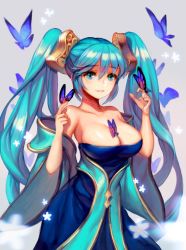 Rule 34 | 1girl, aqua eyes, aqua hair, asuka4407, bare shoulders, breasts, bug, butterfly, cleavage, detached sleeves, dress, hair between eyes, bug, large breasts, league of legends, long hair, low neckline, smile, solo, sona (league of legends), twintails, very long hair