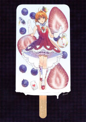 Rule 34 | 1girl, :o, alice in wonderland, anxia, artist name, berry, bloomers, boots, bottle, brooch, brown hair, card, cardcaptor sakura, clothing cutout, crown, dress, elbow gloves, food, fruit, gloves, gown, green eyes, heart, heart cutout, jewelry, kinomoto sakura, knee boots, mini person, minigirl, playing card, pocket watch, popsicle, red dress, see-through, short hair, signature, sleeveless, sleeveless dress, solo, strawberry, sweets, underwear, watch, white footwear, white gloves