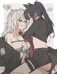 Rule 34 | 2girls, animal ears, arknights, bare shoulders, bite mark, bite mark on neck, bite mark on shoulder, black hair, black jacket, black shirt, blush, breasts, cleavage, closed mouth, crop top, ear piercing, grey eyes, grey hair, hair between eyes, jacket, lappland (arknights), long hair, looking at another, material growth, medium breasts, midriff, multiple girls, off shoulder, open clothes, open jacket, orange eyes, oripathy lesion (arknights), parted lips, piercing, ponytail, seri (vyrlw), shirt, shorts, simple background, sitting, sitting on lap, sitting on person, smile, stomach, sweat, sweatdrop, tail, texas (arknights), tongue, tongue out, white background, wolf ears, wolf girl, wolf tail, yuri