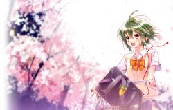 Rule 34 | 1girl, :d, ahoge, bag, basket, bicycle, bicycle basket, blurry, bow, bowtie, cherry blossoms, collared shirt, depth of field, earbuds, earphones, fl studio, green hair, looking away, miniskirt, open mouth, pepper, red eyes, riding, school bag, school uniform, shirt, short hair, short sleeves, skirt, smile, solo, sweater vest, tree, tsukigami runa, white shirt, wing collar