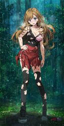 Rule 34 | 1girl, black footwear, black shirt, black thighhighs, blue eyes, bra, breasts, brown hair, bruise, bruise on face, cleavage, collarbone, contrapposto, creatures (company), floating hair, forest, full body, game freak, hand on own hip, highres, injury, long hair, looking at viewer, medium breasts, messy hair, miniskirt, nature, nintendo, open mouth, outdoors, pink bra, pleated skirt, pokemon, pokemon xy, rain, red skirt, serena (pokemon), shirt, shoes, single shoe, skirt, sleeveless, sleeveless shirt, solo, standing, thighhighs, torn bra, torn clothes, torn shirt, torn skirt, torn thighhighs, tsukishiro saika, underwear, very long hair