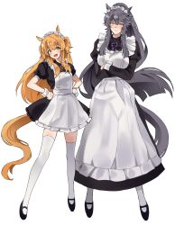 Rule 34 | 2girls, absurdres, alternate costume, animal ears, apron, bandaid, bandaid on face, bandaid on nose, black dress, black footwear, blush, breasts, closed mouth, crossed arms, dress, enmaided, full body, hands on own hips, highres, horse ears, horse girl, horse tail, juliet sleeves, large breasts, long hair, long skirt, long sleeves, looking at viewer, maid, maid apron, maid headdress, mayano top gun (umamusume), multiple girls, narita brian (umamusume), neck ribbon, orange hair, ponytail, puffy short sleeves, puffy sleeves, ribbon, shoes, short sleeves, simple background, skirt, smile, tail, teeth, thighhighs, two side up, umamusume, unneul, upper teeth only, white background, wrist cuffs, yellow eyes
