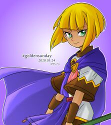 Rule 34 | 05a7w, 1girl, blonde hair, cape, closed mouth, commentary, dated, golden sun, green eyes, looking at viewer, sheba (golden sun), short hair, simple background, smile, solo, staff