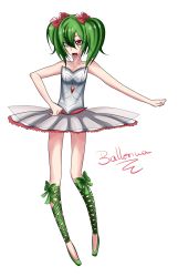 Rule 34 | 1girl, ballerina, ballet, collarbone, commentary, creatures (company), diamond (shape), full body, game freak, gem, gen 3 pokemon, green hair, hair between eyes, hair ribbon, hand on own hip, highres, kirlia, long hair, nintendo, open mouth, personification, pigeon-toed, pink ribbon, pokemon, red eyes, red gemstone, ribbon, skirt, solo, strapless, tongue, transparent background, tutu, twintails, xhikkux