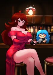 Rule 34 | 2girls, :3, absurdres, ahoge, alcohol, bar (place), bare shoulders, black eyes, blue hair, blurry, blurry background, blush, bottle, breasts, brown hair, chair, cleaning, cleavage, closed eyes, crossed legs, detached sleeves, dress, elbow sleeve, female focus, friday night funkin&#039;, gipehtyboo, girlfriend (friday night funkin&#039;), glass, highres, holding, holding glass, holding microphone, large breasts, light bulb, long hair, looking at viewer, microphone, mismatched pupils, multiple girls, no fingers, red dress, red sleeves, sitting, sky (friday night funkin&#039;), smile