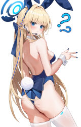 1girl ? absurdres animal_ear_hairband animal_ears ass back blonde_hair blue_archive blue_eyes blue_hair blue_leotard blush breasts fake_animal_ears fake_tail fingernails hairband half_up_braid halo headset highres leotard long_hair looking_at_viewer looking_to_the_side median_furrow medium_breasts multicolored_hair nail_polish official_alternate_costume playboy_bunny pomegranate_nana rabbit_ear_hairband rabbit_ears rabbit_tail sideboob simple_background solo strapless strapless_leotard streaked_hair tail thighhighs toki_(blue_archive) toki_(bunny)_(blue_archive) two-tone_hair very_long_hair w white_background white_thighhighs wrist_cuffs