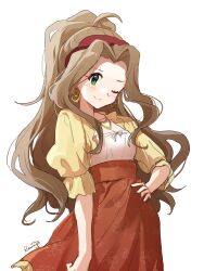 Rule 34 | 1girl, absurdres, ahoge, blush, bow, breasts, brown hair, cleavage, closed mouth, collarbone, earrings, green eyes, hairband, hand on own hip, high-waist skirt, highres, idolmaster, idolmaster million live!, idolmaster million live! theater days, jacket, jewelry, long hair, looking at viewer, medium breasts, necklace, nikaidou chizuru, nnnn, one eye closed, ponytail, red hairband, red skirt, shirt, short sleeves, sign, simple background, skirt, smile, solo, very long hair, white background, white bow, white shirt, yellow jacket