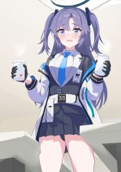Rule 34 | 1girl, absurdres, belt, blue archive, blush, collared shirt, cup, disposable cup, from below, gloves, hair ornament, halo, highres, holding, holding cup, jacket, long hair, long sleeves, necktie, open mouth, panties, pantyshot, pleated skirt, purple eyes, purple hair, shirt, skirt, solo, steam, stuck, two side up, underwear, upskirt, very long hair, yuso mrk315, yuuka (blue archive)