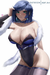 Rule 34 | 1girl, abp art, areola slip, ass, blue choker, blue hair, blush, breasts, choker, collarbone, covered erect nipples, covered navel, detached sleeves, diagonal bangs, earrings, eyebrows hidden by hair, fur scarf, genshin impact, green eyes, hand in own hair, highres, holding, holding clothes, jewelry, large breasts, leotard, light smile, looking at viewer, no bra, panties, parted lips, patreon username, purple thighhighs, short hair, sidelocks, simple background, skin tight, solo, thighhighs, thighs, underwear, white background, yelan (genshin impact)