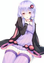 Rule 34 | 1girl, animal hood, arm support, blush, commentary request, dress, hair ornament, headset, hood, hood down, hooded jacket, hoodie, igayan, jacket, looking at viewer, low twintails, open clothes, open hoodie, open mouth, purple dress, purple hair, purple thighhighs, rabbit hood, red eyes, short hair with long locks, sitting, solo, strapless, strapless dress, striped clothes, striped thighhighs, thighhighs, tube dress, twintails, vertical-striped clothes, vertical-striped thighhighs, vocaloid, voiceroid, yuzuki yukari
