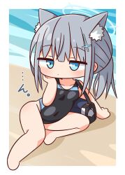 Rule 34 | 1girl, animal ear fluff, animal ears, bag, bare arms, bare legs, bare shoulders, barefoot, beach, black one-piece swimsuit, blue archive, blue eyes, blush, breasts, closed mouth, collarbone, commentary request, covered navel, day, duffel bag, full body, grey hair, hair ornament, halo, hana kazari, highres, mismatched pupils, official alternate costume, on ground, one-piece swimsuit, outdoors, ponytail, sand, shiroko (blue archive), shiroko (swimsuit) (blue archive), small breasts, solo, swimsuit, water, wolf ears