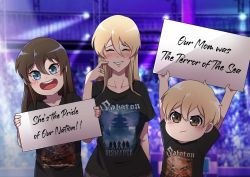 Rule 34 | 1boy, 2girls, absurdres, azur lane, band shirt, bismarck (azur lane), black shirt, blonde hair, blue eyes, brown hair, commander cool, commentary, concert, english text, hair between eyes, highres, holding, holding sign, jewelry, long hair, long neck, merchandise, mother and daughter, mother and son, multiple girls, photo background, pout, resolution mismatch, ring, sabaton (band), shirt, short hair, short sleeves, siblings, sign, source smaller, teeth, upper teeth only, wedding band