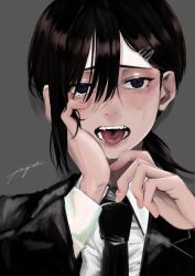 Rule 34 | 1girl, absurdres, august., black eyes, black hair, black jacket, black necktie, breasts, chainsaw man, collared shirt, commentary request, crying, crying with eyes open, formal, grey background, hair ornament, hairclip, hand on own cheek, hand on own face, higashiyama kobeni, highres, jacket, long sleeves, looking at viewer, medium hair, mole, mole under eye, mole under mouth, necktie, open mouth, ponytail, shirt, signature, simple background, solo, suit, tears, teeth, tongue, tongue out, white shirt