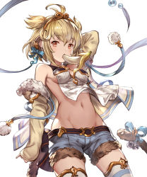 Rule 34 | 10s, 1girl, 77gl, ahoge, andira (granblue fantasy), animal ears, arm warmers, bad id, bad pixiv id, banana, bell, blonde hair, blue ribbon, breasts, eating, erune, food, food in mouth, fruit, granblue fantasy, groin, hairband, jingle bell, looking at viewer, medium breasts, monkey ears, monkey tail, mouth hold, navel, red eyes, ribbon, short shorts, shorts, sideboob, simple background, solo, tail, tail bell, tail ornament, tail ribbon, thighhighs, white background