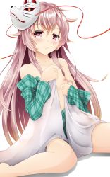 Rule 34 | 1girl, bare shoulders, blanket, blush, bottomless, breasts, checkered clothes, checkered shirt, clothes pull, collarbone, covering privates, fox mask, frown, hata no kokoro, long hair, looking at viewer, mask, nipples, open clothes, open shirt, pink eyes, pink hair, plaid, plaid shirt, shirt, shirt pull, simple background, sitting, small breasts, solo, touhou, unlock-creed, very long hair, wariza, white background