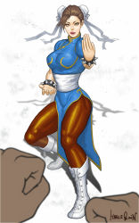 Rule 34 | 1girl, boots, bracelet, breasts, brown eyes, brown hair, bun cover, capcom, china dress, chinese clothes, chun-li, double bun, dress, full body, harlequin (artist), highres, jewelry, male hand, pantyhose, short hair, spiked bracelet, spikes, street fighter, white background