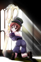 Rule 34 | 00s, 1girl, ass, brown hair, doll joints, from behind, green eyes, hat, heterochromia, indoors, joints, kneeling, leaning, light rays, looking back, q-gaku, red eyes, rozen maiden, scissors, shoes, short hair, solo, souseiseki, sunbeam, sunlight, top hat, window