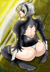 Rule 34 | 1girl, absurdres, android, artist request, ass, black dress, black hairband, blindfold, breasts, dress, from behind, hairband, highres, huge ass, leotard, nier (series), nier:automata, shiny clothes, shiny skin, sideboob, silver hair, sitting, smile, solo, thighhighs, thong, wariza, 2b (nier:automata)
