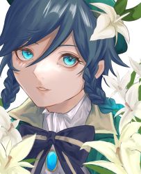 Rule 34 | 1boy, absurdres, androgynous, bad id, bad pixiv id, beret, black hair, blue hair, bow, braid, brooch, cape, collared cape, collared shirt, commentary request, flower, gem, genshin impact, gradient hair, green eyes, green hat, hat, hat flower, highres, jewelry, kurokou0616, leaf, looking at viewer, male focus, multicolored hair, open mouth, shirt, short hair with long locks, sidelocks, simple background, smile, solo, twin braids, venti (genshin impact), white background, white flower, white shirt