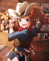 Rule 34 | 10s, 3girls, artist request, brown hair, cowboy hat, fringe trim, futami mami, gloves, green eyes, hat, idolmaster, idolmaster (classic), idolmaster million live!, leather, leather gloves, multiple girls, nonohara akane, official art, poster (object), sheriff badge, takatsuki yayoi, twintails