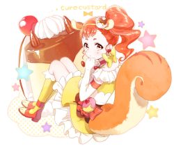 Rule 34 | 10s, 1girl, animal ears, arisugawa himari, brown eyes, cake, character name, cure custard, elbow gloves, food, food-themed hair ornament, gloves, hair ornament, kirakira precure a la mode, looking at viewer, magical girl, ponytail, precure, red hair, short hair, solo, squirrel ears, squirrel tail, star (symbol), strsouko, tail, white gloves