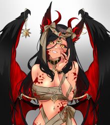 Rule 34 | 1girl, alternate color, alternate hair color, arm bands, armband, bandages, bare shoulders, blood, blood on breasts, blood on face, blood on hands, blush, bow, breasts, chain, cleavage, detached collar, dragon girl, dragon horns, dragon wings, egyptian, eye of horus, eye tattoo, female focus, functionally nude, gold, gold chain, grin, harpy, heart, heart tattoo, horns, indie virtual youtuber, large breasts, long hair, looking at viewer, monster girl, naked bandage, navel piercing, piercing, smile, solo, solo focus, tattoo, teeth, trickywi, usekh collar, wings, yandere, yellow eyes