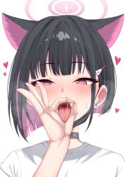 Rule 34 | 1girl, animal ears, black choker, black hair, blue archive, blush, cat ears, choker, colored inner hair, commentary request, extra ears, fellatio gesture, hair ornament, hairclip, halo, heart, highres, kazusa (blue archive), looking at viewer, mask, mask pull, mouth mask, multicolored hair, nanao (naoekaki25), open mouth, oral invitation, partial commentary, pink hair, pink halo, portrait, red eyes, saliva, sexually suggestive, shirt, short hair, simple background, solo, tongue, tongue out, white background, white shirt