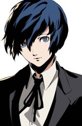Rule 34 | 1boy, black jacket, black ribbon, blue eyes, blue hair, buttons, closed mouth, collared shirt, commentary, english commentary, gekkoukan high school uniform, highres, jacket, looking at viewer, male focus, neck ribbon, persona, persona 3, pertex 777, ribbon, school uniform, shirt, short hair, simple background, smile, solo, upper body, white background, white shirt, yuuki makoto (persona 3)