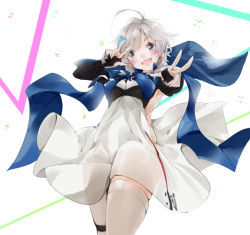 Rule 34 | 1girl, antenna hair, armpits, azur lane, black gloves, blue jacket, blush, breasts, character name, clothes writing, cowboy shot, double v, dress, elbow gloves, fang, fingerless gloves, fish hair ornament, gloves, grey eyes, grey hair, grey thighhighs, hair between eyes, hair ornament, jacket, kagino, large breasts, looking at viewer, open mouth, petals, seattle (azur lane), short hair, smile, solo, thighhighs, v, white background, white dress