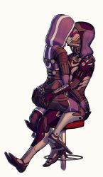 Rule 34 | 2girls, alien, ass, beige background, breasts, commentary, commission, english commentary, helmet, hood, kiss, mass effect (series), mass effect 2, medium breasts, multiple girls, q-thorn, quarian, selfcest, sitting, sitting on person, tali&#039;zorah, wire, yuri