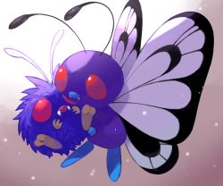 Rule 34 | animal focus, antennae, bug, butterfly, butterfree, commentary request, creatures (company), cuddling, game freak, gen 1 pokemon, gradient background, insect, kawaanago, nintendo, no humans, pokemon, pokemon (creature), red eyes, tusks, venonat