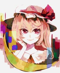 Rule 34 | 1girl, ascot, bow, crescent moon, eyelashes, flandre scarlet, hair between eyes, hand in own hair, hat, hat bow, highres, lips, looking at viewer, mob cap, moon, red eyes, short hair, side ponytail, simple background, slit pupils, smile, solo, touhou, uni (bom19850101), upper body