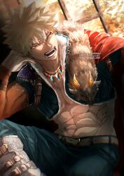 Rule 34 | 1boy, abs, arm belt, bakugou katsuki, belt, blonde hair, boku no hero academia, cape, earrings, fur-trimmed cape, fur trim, jewelry, male focus, mitsuru mtmt, muscular, muscular male, one eye closed, pants, pectoral cleavage, pectorals, red eyes, scar, scar on chest, shoes, solo, spiked hair, sunlight, yawning
