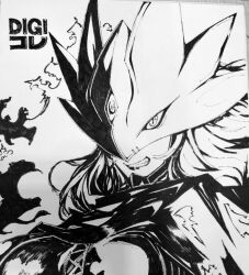 Rule 34 | 1girl, beelstarmon, breasts, digimon, digimon (creature), jiyuuya, long hair, monochrome, photo (medium), shikishi, simple background, smirk, solo, third eye, traditional media, underboob, upper body, white background