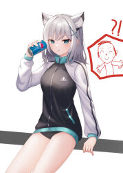 Rule 34 | !?, 1boy, 1girl, :q, absurdres, alternate costume, animal ear fluff, animal ears, arm support, black buruma, blue archive, blue eyes, buruma, can, cola, commentary request, cross hair ornament, dong hawn, doodle sensei (blue archive), drink can, grey hair, gym uniform, hair between eyes, hair ornament, highres, holding, holding can, jacket, long sleeves, looking at viewer, medium hair, mismatched pupils, multicolored clothes, multicolored jacket, nervous sweating, out of frame, pepsi, sensei (blue archive), shiroko (blue archive), sidelocks, simple background, sitting on fence, smile, soda can, spoken character, sweat, tongue, tongue out, track jacket, turtleneck, turtleneck jacket, two-tone jacket, white background, wolf ears, wolf girl