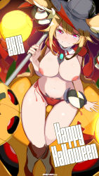 Rule 34 | 10s, 1girl, 2016, :d, animal ears, aosora kamiya, blonde hair, blush, breasts, cape, cleavage, gamerag, grin, halloween, hat, highres, holding, huge breasts, jack-o&#039;-lantern, looking at viewer, nipples, open mouth, original, purple eyes, short hair, sitting, smile, solo, tears, topless, witch hat