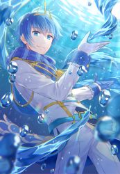 Rule 34 | 1boy, aiguillette, air bubble, azaka (pipponao), belt, blue eyes, blue gloves, blue hair, blue scarf, blurry, blurry foreground, bubble, buttons, commentary, double-breasted, gloves, hands up, highres, jacket, kaito (vocaloid), magical mirai (vocaloid), magical mirai kaito, male focus, pants, rainbow, scale print, scarf, smile, solo, submerged, sunlight, underwater, uniform, vocaloid, white gloves, white jacket, white pants