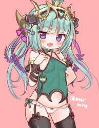Rule 34 | 1girl, arm behind back, arm wrap, armlet, astaroth (p&amp;d), bad id, bad pixiv id, bare shoulders, black thighhighs, blush, bow, bow panties, breasts, cameltoe, garter straps, green hair, groin, gungho online entertainment, hairband, halterneck, hand on own chest, horn ornament, horn ribbon, horns, lowleg, lowleg panties, mashiro miru, navel, no pants, open mouth, panties, petite, pink background, purple eyes, puzzle &amp; dragons, ribbon, sideboob, simple background, small breasts, solo, sweatdrop, thighhighs, twintails, twitter username, underwear
